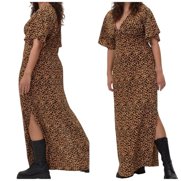 Nasty Gal Leopard Print Maxi Dress US 10 Flutter Sleeve Side Slit - Picture 1 of 9